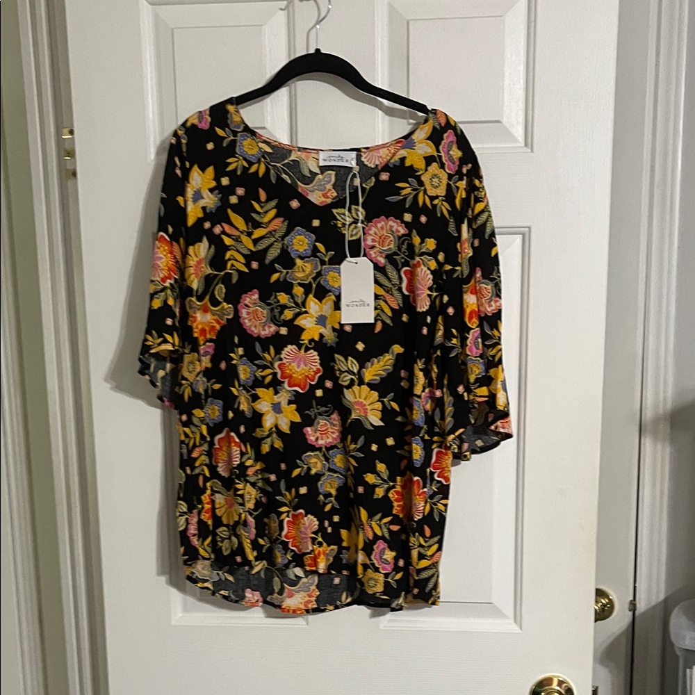 Floral Print Black Blouse